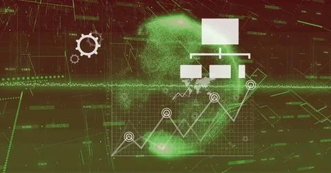 Data analytics and global network image over green digital globe Illustrazione stock