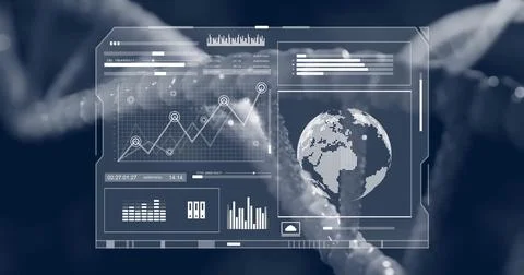 Data analytics and global network image over DNA strand background 库存照片