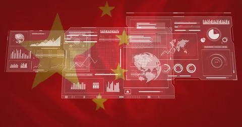 Data analytics and global statistics image over Chinese flag background Stock Illustration