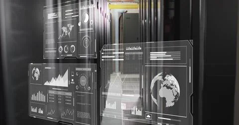 Data analytics and global statistics image over server room background Stock Illustration