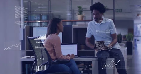 Data analytics and graphs animation over business people discussing in office Stock Footage 305814970