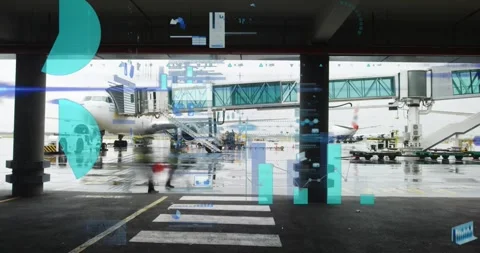 Data analytics and graphs animation over airport terminal with airplane and jet Video stock 329125923