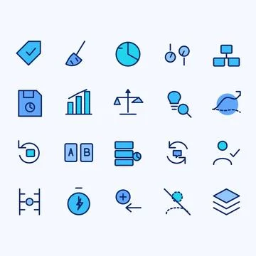 Data analytics and machine learning icon set with 20 outline symbols including Stock Illustration