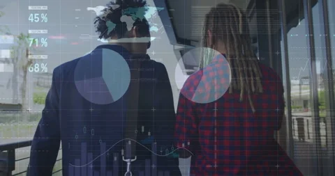 Data analytics and testing animation over two people walking in office corridor Stock Footage 304930068