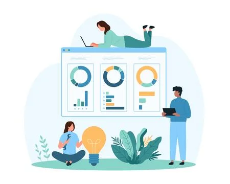 Data analytics and visualization for creative solution, tiny people work with Illustrazione stock