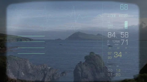 Data analytics animation over coastal landscape with mountains and ocean Stock Footage 304257277