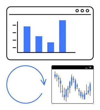 Data Analytics with Bar Chart, Line Graph, and Refresh Cycle Representation Illustrazione stock