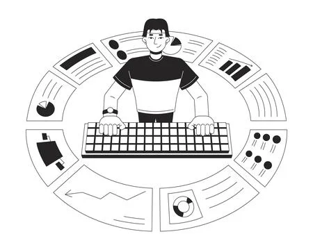 Data analytics business reports black and white 2D illustration concept Stock Illustration