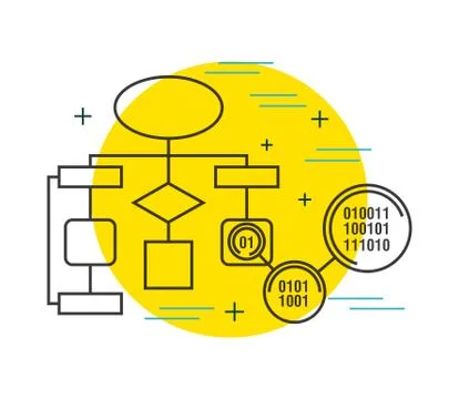 Data analytics code binary and network diagram on yellow background Stock Illustration