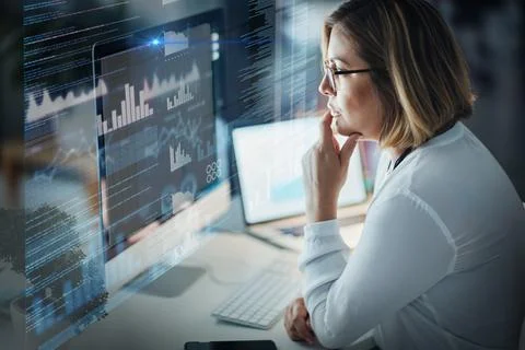 Data analytics, computer screen and woman in night for stock market research 스톡 사진