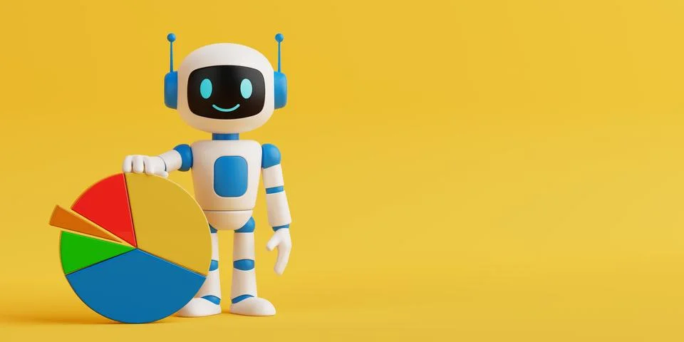 Data Analytics Concept. Cute Smiling AI Robot Standing Next To Colorful Pie.. Illustrazione stock