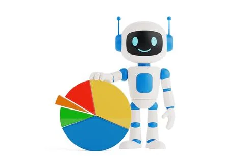 Data Analytics Concept. Cute Smiling AI Robot Standing Next To Colorful Pie.. Stock Illustration