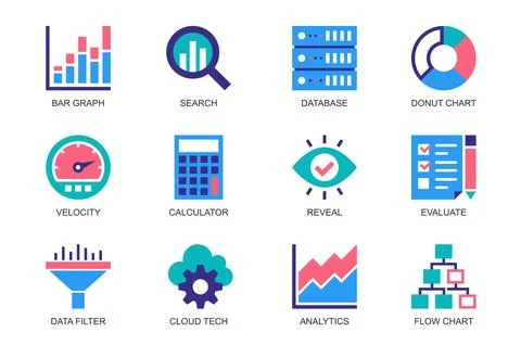 Data Analytics concept of web icons set in simple flat design. Pack of bar gr Ilustración de archivo