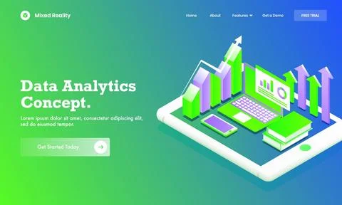 Data Analytics concept website poster or landing page design with isometric.. Illustrazione stock
