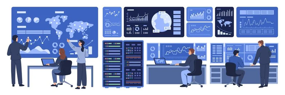 Data analytics control center. Business intelligence dashboards, monitoring 스톡 일러스트