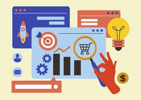 Data analytics. Creative idea market. Startup rocket. See with magnifier Stock Illustration