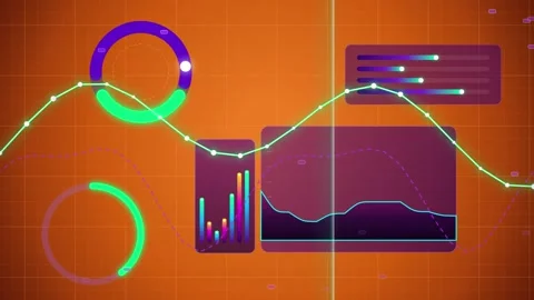 Data analytics dashboard with animated line charts and bar graphs on orange.. Vidéo 347718268
