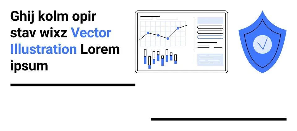 Data analytics dashboard, bar charts, line graph, security shield with checkm Stock Illustration