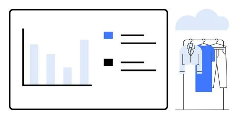 Data analytics dashboard with bar graph and legend, clothing hanging on a rac Stock Illustration