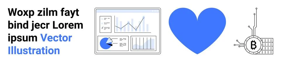 Data Analytics Dashboard, Blue Heart, and Bitcoin Circuit with Text Elements Stock Illustration