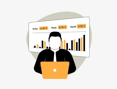 Data analytics dashboard with businessman reviewing performance report and KPI Stock Illustration