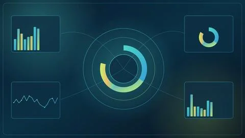 Data analytics dashboard with charts and progress ring on dark tech backgroun Stock Illustration