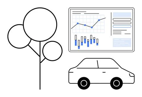 Data analytics dashboard with charts, graphs, parked car, and tree illustrati Stock Illustration