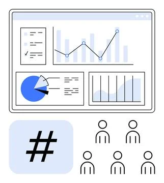 Data Analytics Dashboard with Charts, Pie Graphs, metadata tag and User Ico.. Stock Illustration