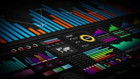 Data analytics dashboard displaying bar charts, line graphs, and world map Stock Footage 294284510