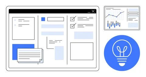 Data analytics dashboard displaying charts, graphs, task lists, and text entr Illustrazione stock