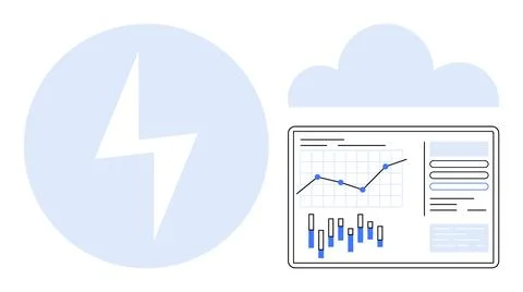 Data analytics dashboard displaying graphs and charts, cloud icon, and power  Stock Illustration
