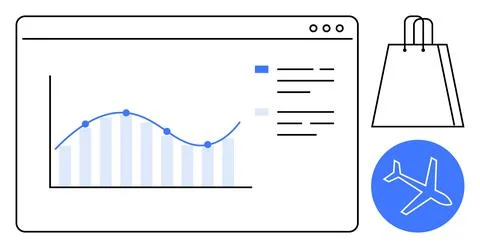Data analytics dashboard featuring a growth chart, statistics, shopping bag,  Stock Illustration
