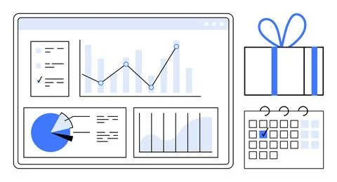 Data Analytics Dashboard with Gift Box and Calendar Highlighting Specific Dat イラスト素材