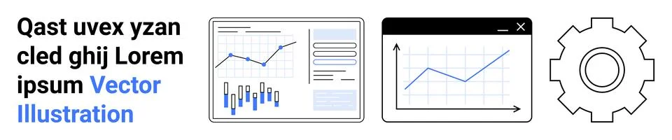 Data Analytics Dashboard with Graphs and Gear Icon for Technical Optimization Stock Illustration