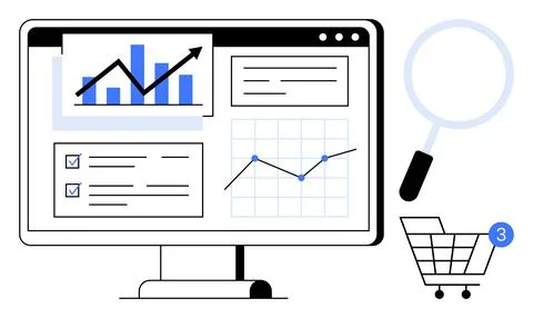 Data analytics dashboard with graphs and charts and shopping cart notificatio Illustrazione stock