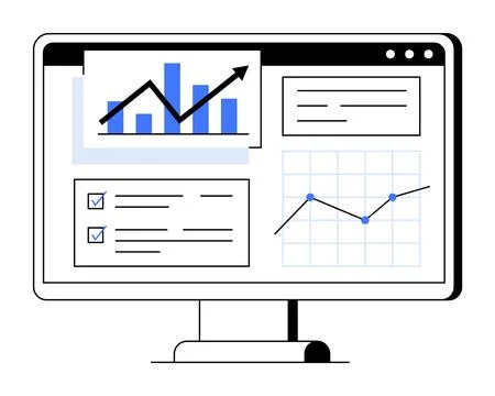 Data Analytics Dashboard with Graphs, Charts, and Checklists on a Computer .. Stock Illustration