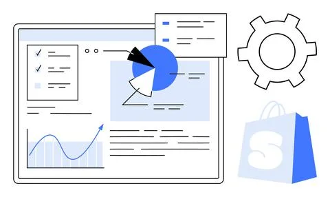 Data analytics dashboard with graphs pie charts and shopping bag icon. Ideal  Illustrazione stock