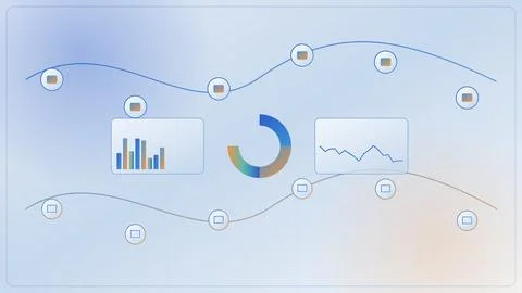 Data analytics dashboard icons connected by network lines on light blue bac.. Stock Illustration