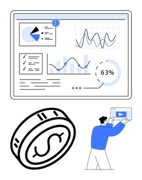 Data analytics dashboard including pie chart, graphs, and checklist large coi Illustrazione stock