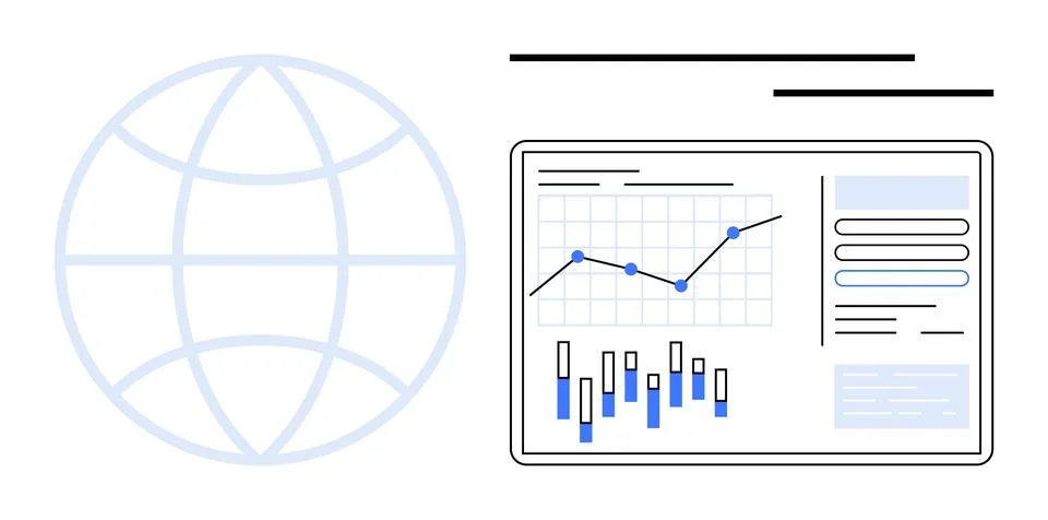 Data Analytics Dashboard with Line and Bar Graphs Next to Global Connectivi.. Illustrazione stock
