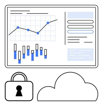 Data analytics dashboard with line and bar graphs, lock, and cloud icons. Ide イラスト素材