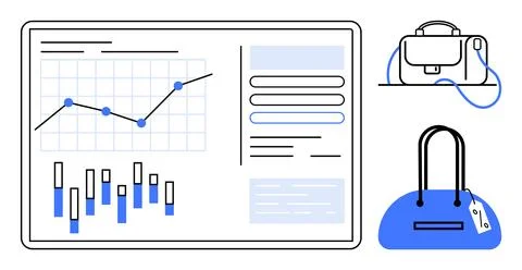 Data analytics dashboard with line chart, bar graph, and handbags. Ideal for  Illustrazione stock