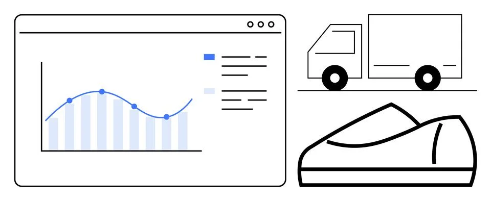 Data Analytics Dashboard with Line Graph and Logistics Icons Representing D.. Illustrazione stock