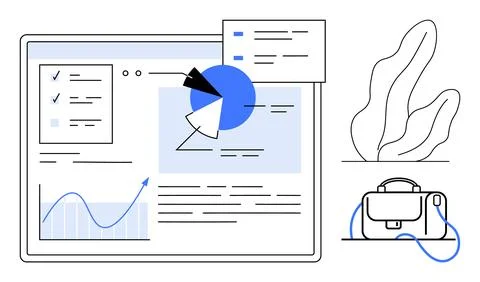 Data analytics dashboard with pie chart, line graph, and task checklist. Plan Illustrazione stock