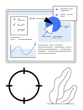 Data analytics dashboard, pie chart, line graph, checklist, and target icon w 스톡 일러스트