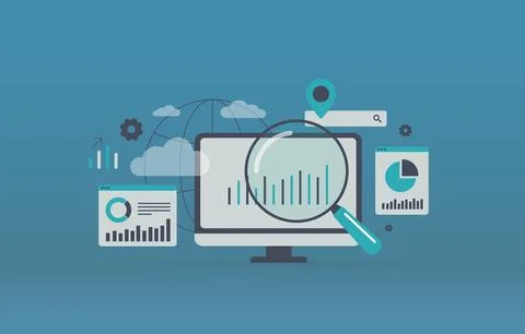 Data analytics dashboard with search engine metrics, magnifying glass, charts Stock Illustration