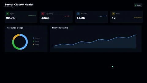Data analytics dashboard with server health charts in 4K Stock Footage 346540055