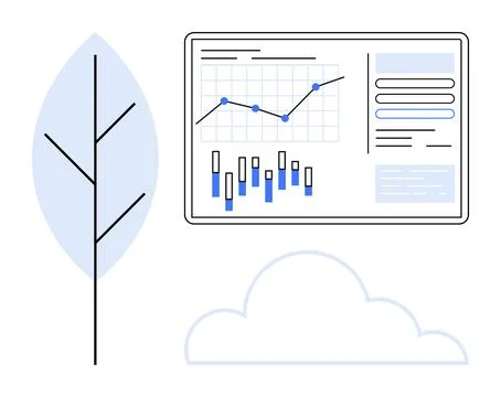 Data analytics dashboard shows line graph, bar chart, and text details near m 스톡 일러스트