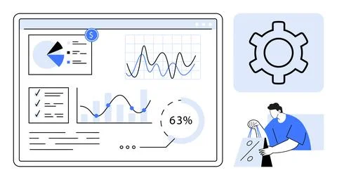 Data analytics dashboard with statistical charts, pie diagram, configuratio.. 스톡 일러스트