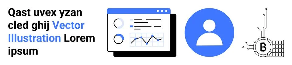 Data Analytics Dashboard, User Icon, and Bitcoin Blockchain Technology Graphi Illustrazione stock